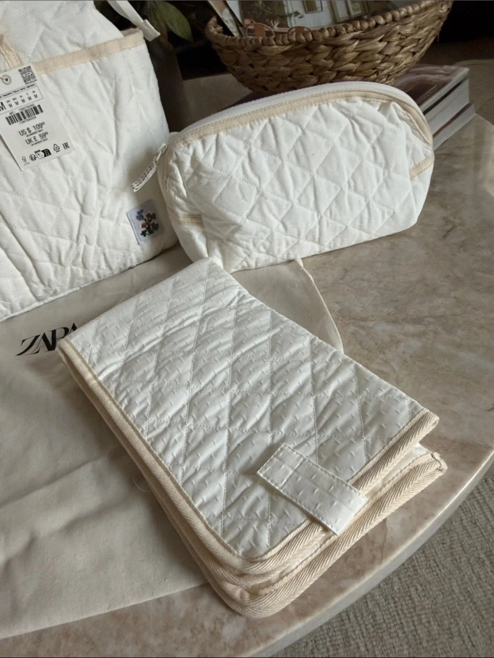 Zara Quilted Cream Diaper Tote with Pouch & Changing Pad